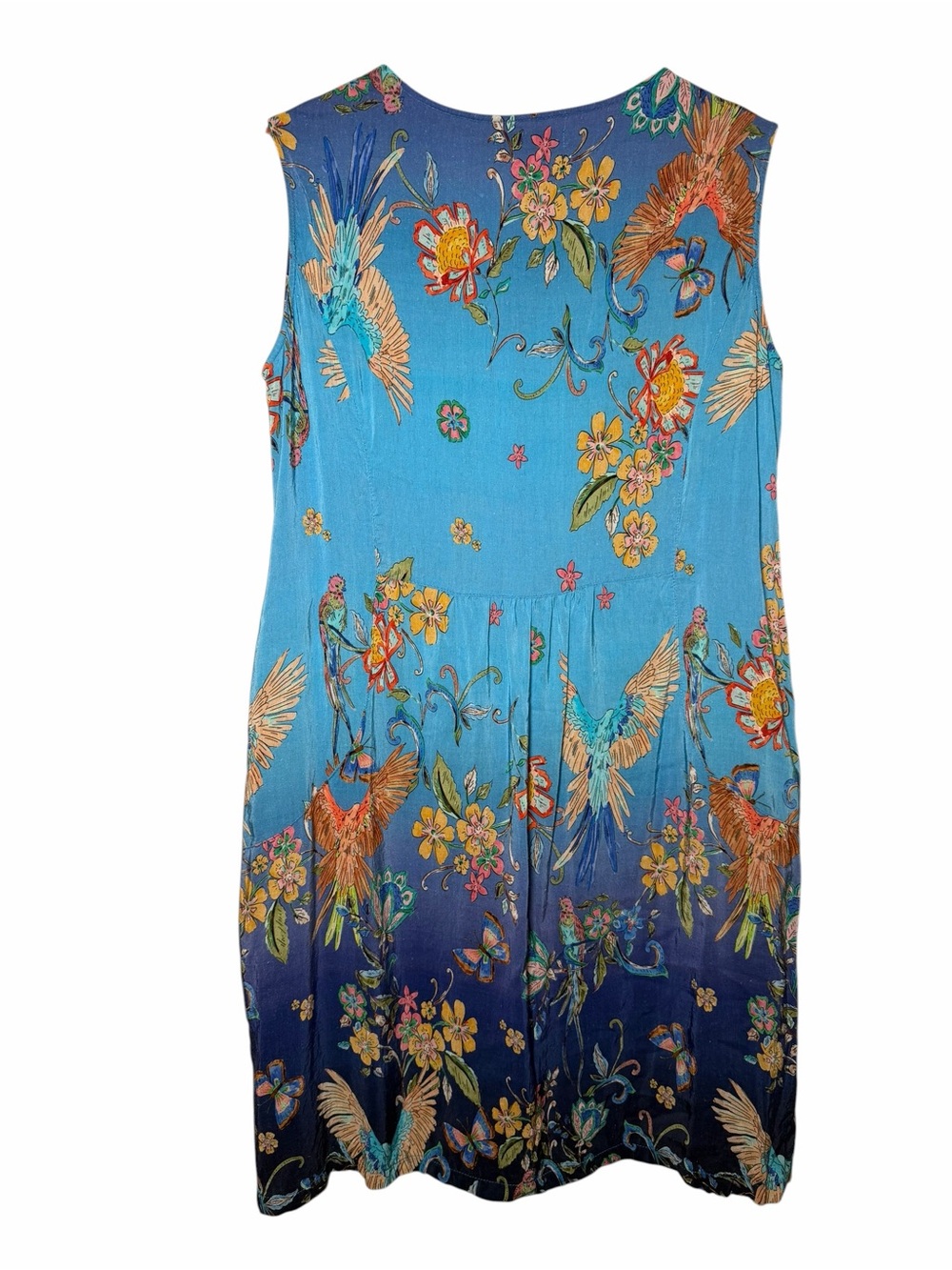Linen Silk Bird Print Blue Ombre Boho Midi Dress XL - Picture 7 of 11